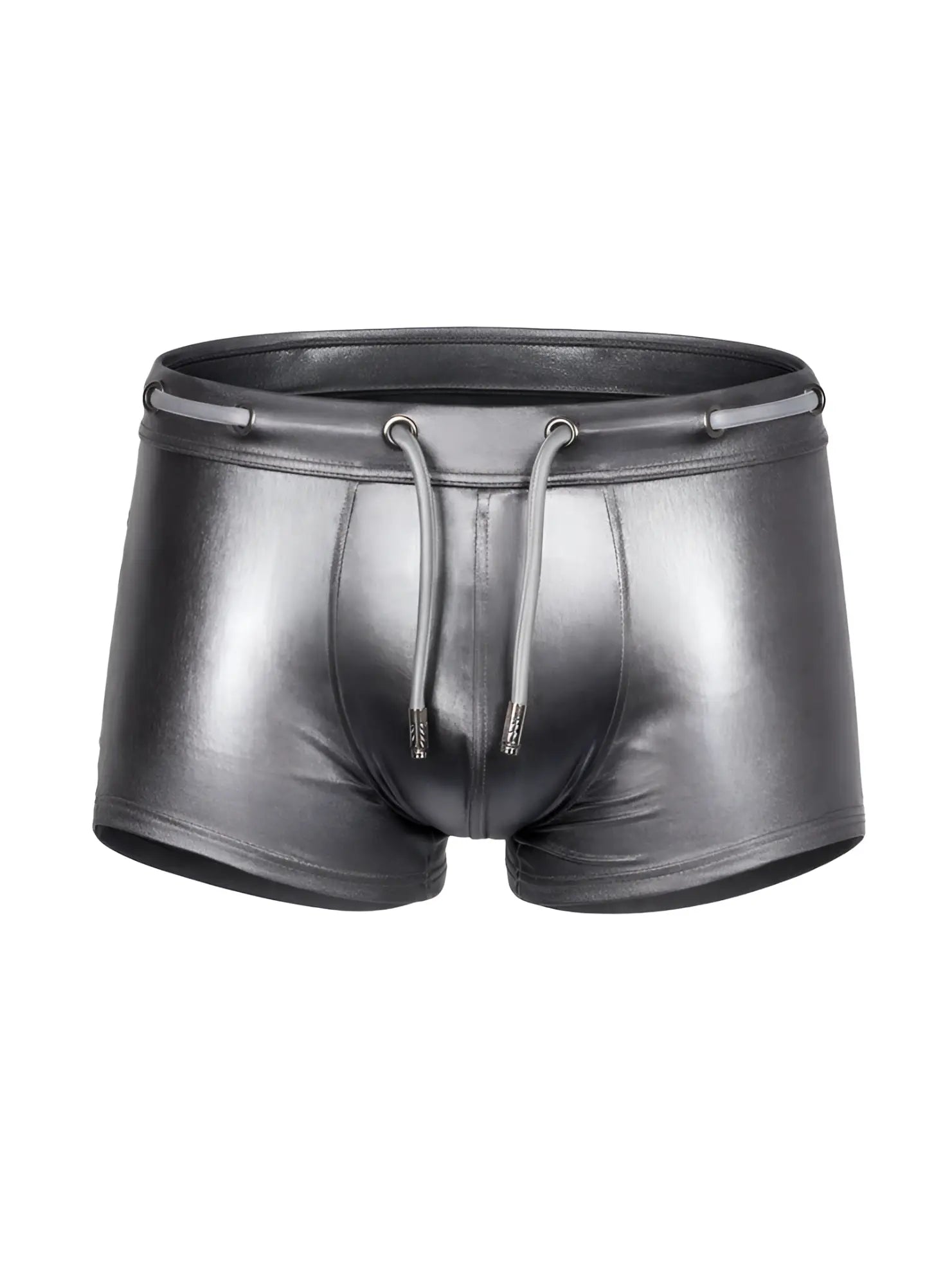 Shiny black faux leather swim trunks with drawstring waistband tartarus side track metallic trunk