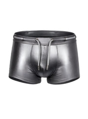 Shiny black faux leather swim trunks with drawstring waistband tartarus side track metallic trunk