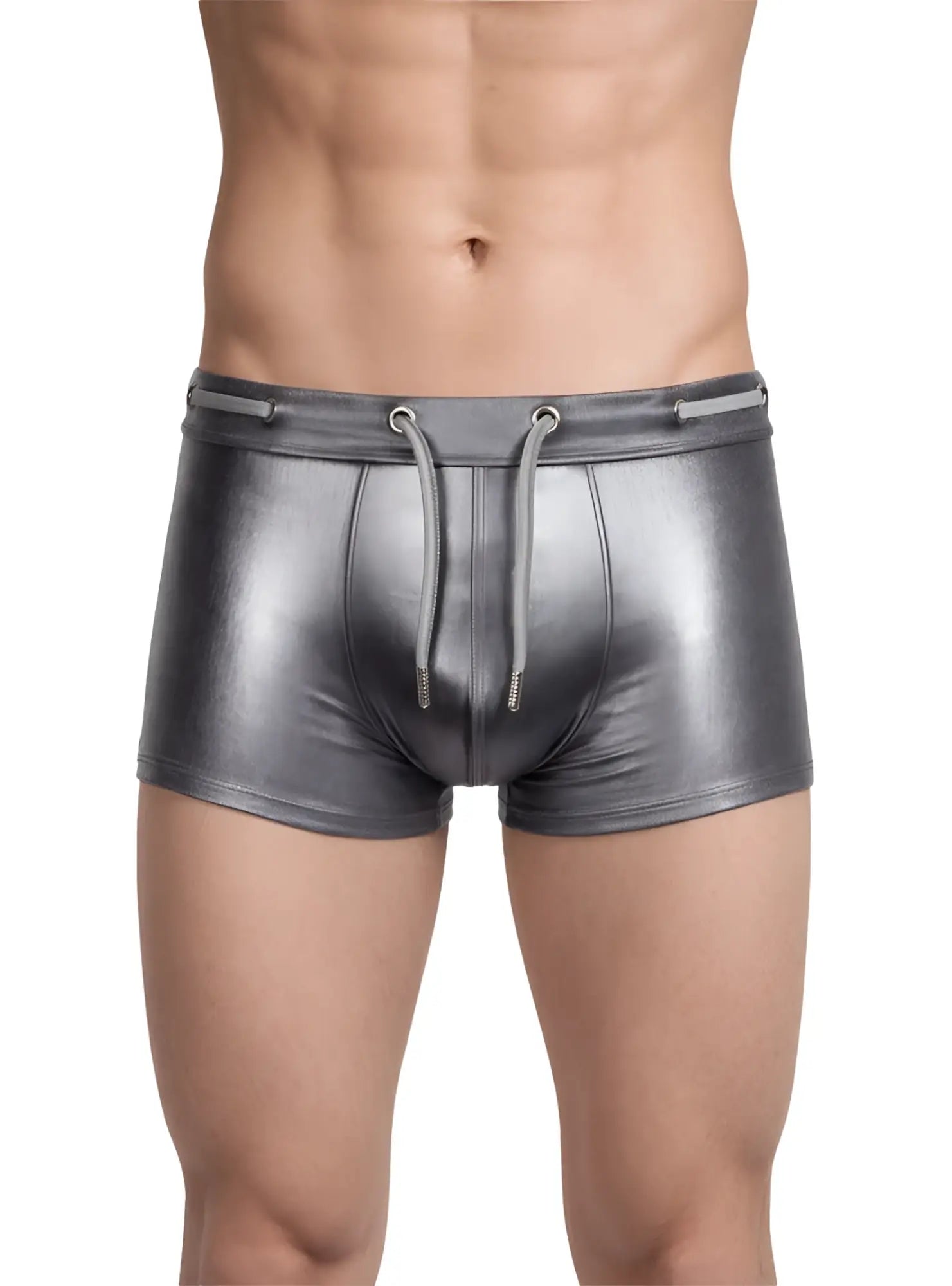 Shiny metallic gray swim trunks with a drawstring waistband in tartarus side track metallic trunk style
