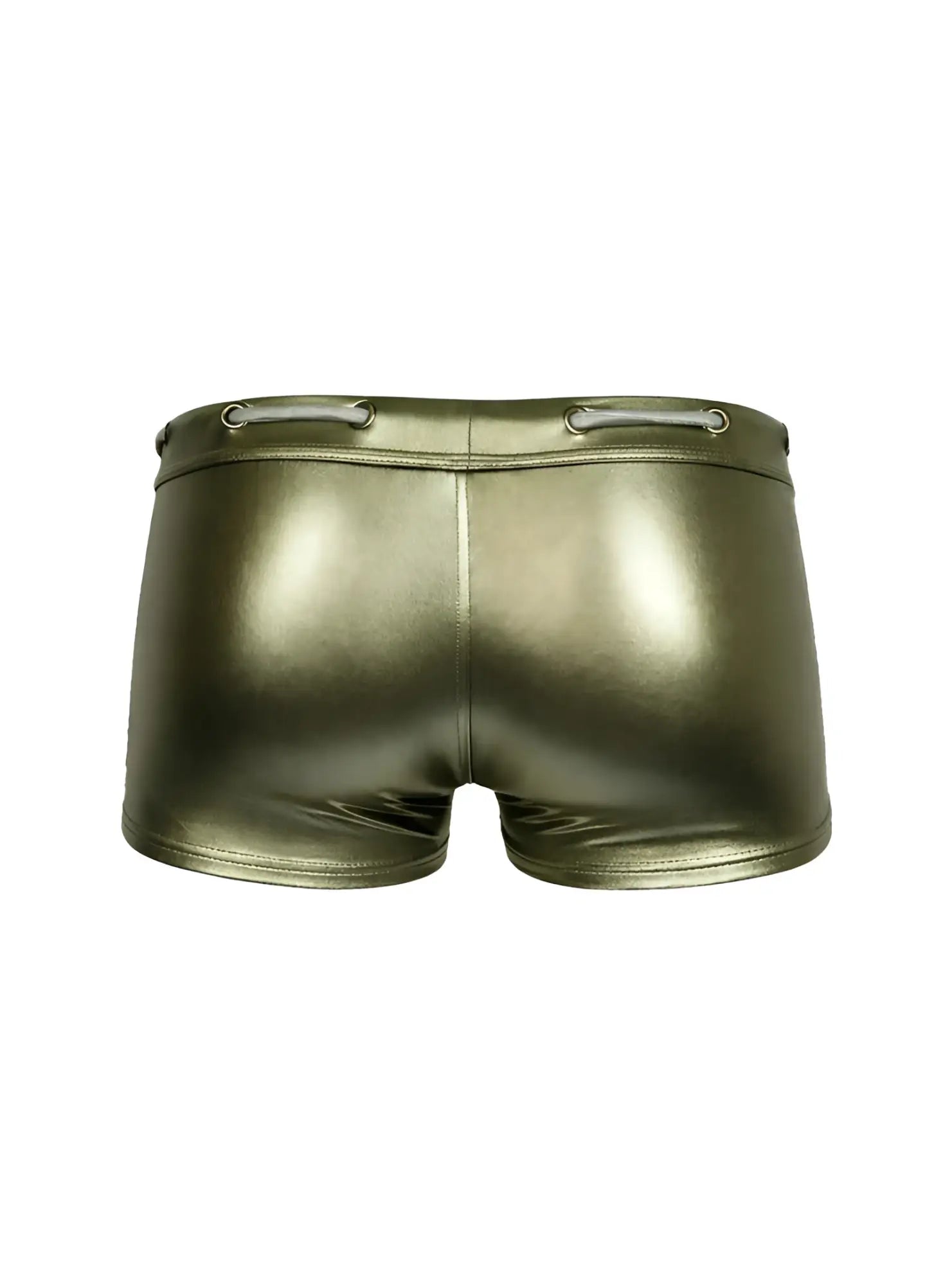 Tartarus side track metallic trunk shiny olive green shorts with sleek form-fitting design and silver lace-up waistband