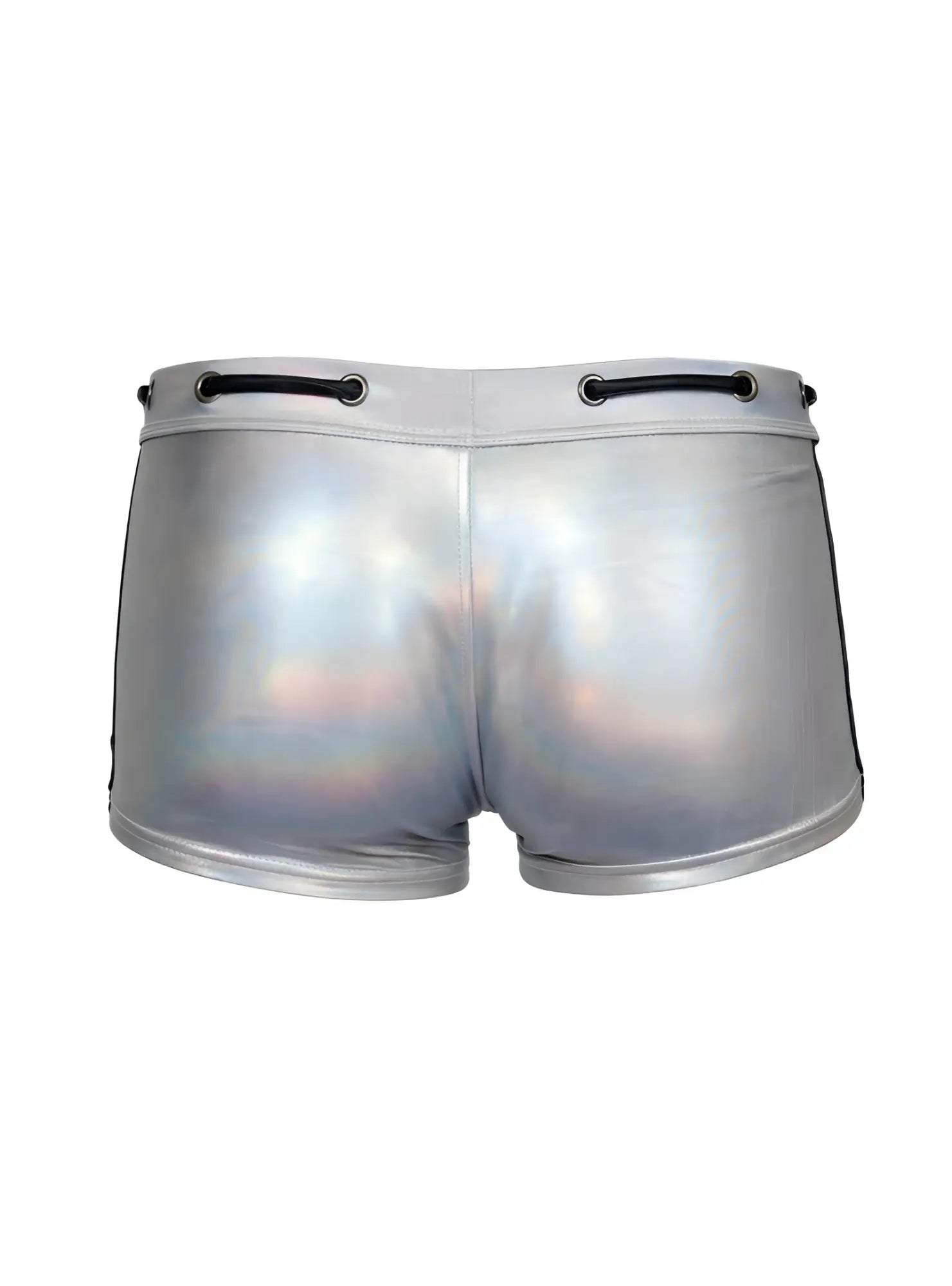 Shiny silver holographic shorts with black side stripes and drawstring waistband tartarus side track metallic trunk