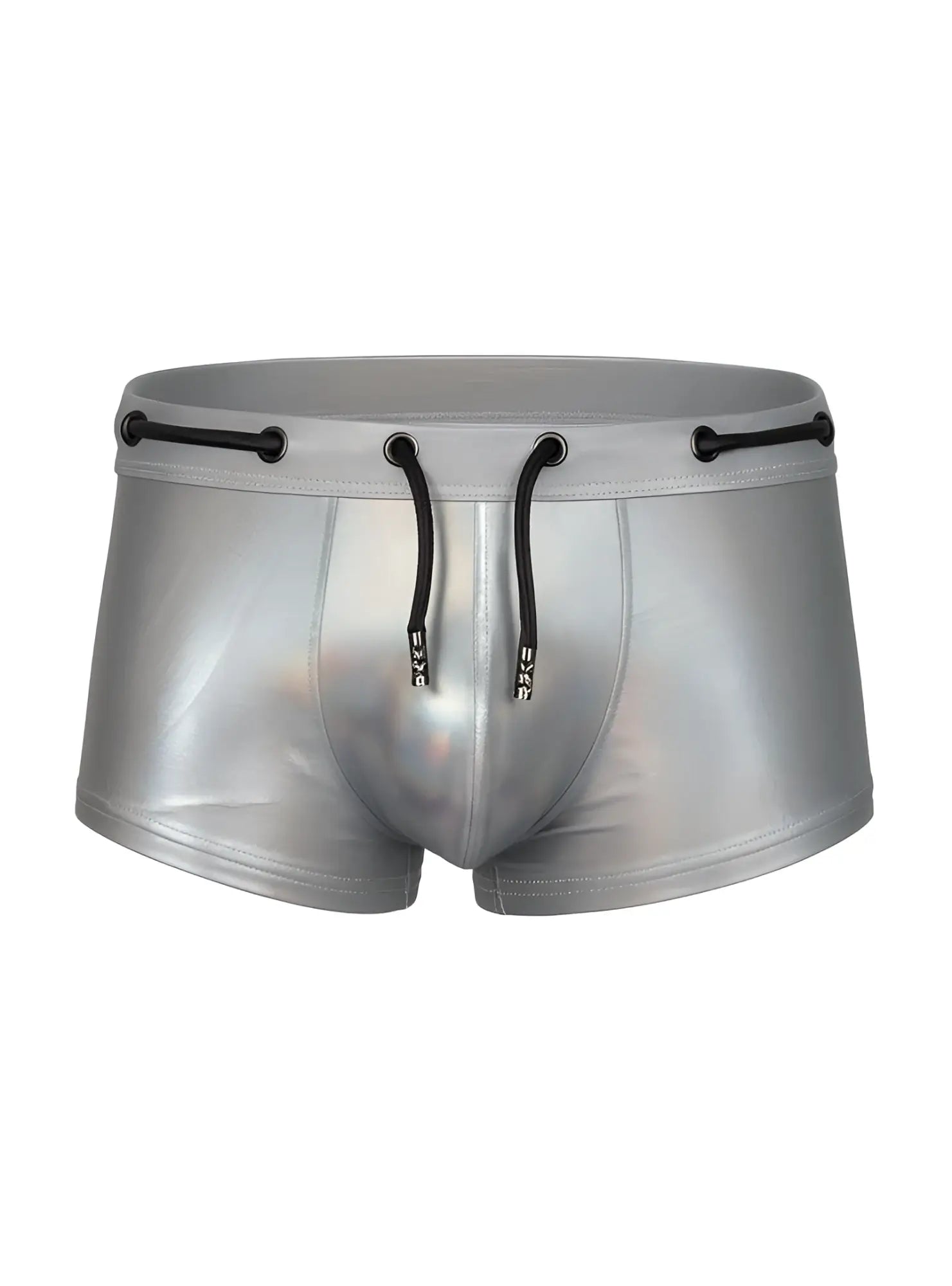 Silver metallic swim trunks with black drawstrings and a sleek shiny finish tartarus side track metallic trunk