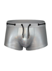 Silver metallic swim trunks with black drawstrings and a sleek shiny finish tartarus side track metallic trunk