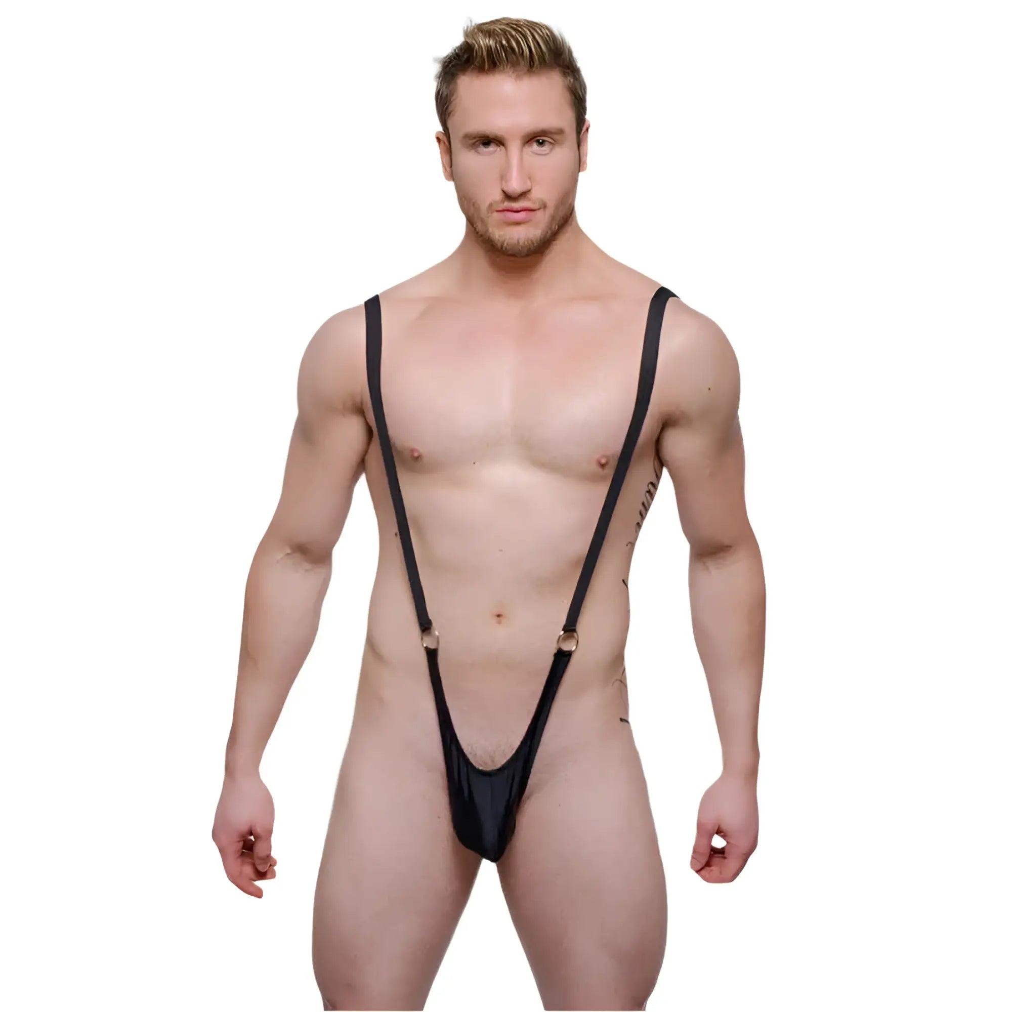 Black sleek one-piece tartarus sling shot body thong with rings featuring thin straps and a snug suspender-style fit