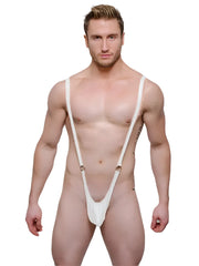 White minimalist tartarus sling shot body thong with rings featuring thin straps and a low cut front one-piece swimwear
