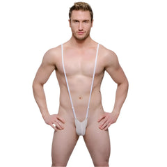 White mesh tartarus sling shot body thong one-piece swimsuit with thin straps and supportive pouch design