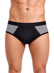 Black cotton tartarus striped briefs with contrasting gray and white striped side panels for comfortable wear