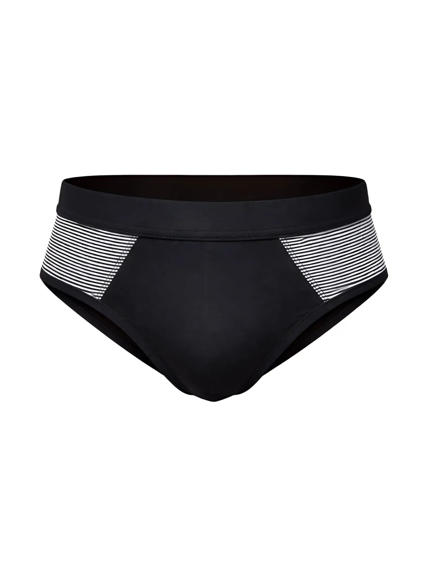 Black cotton tartarus striped brief swim trunks with white and gray side panels for casual swimwear use