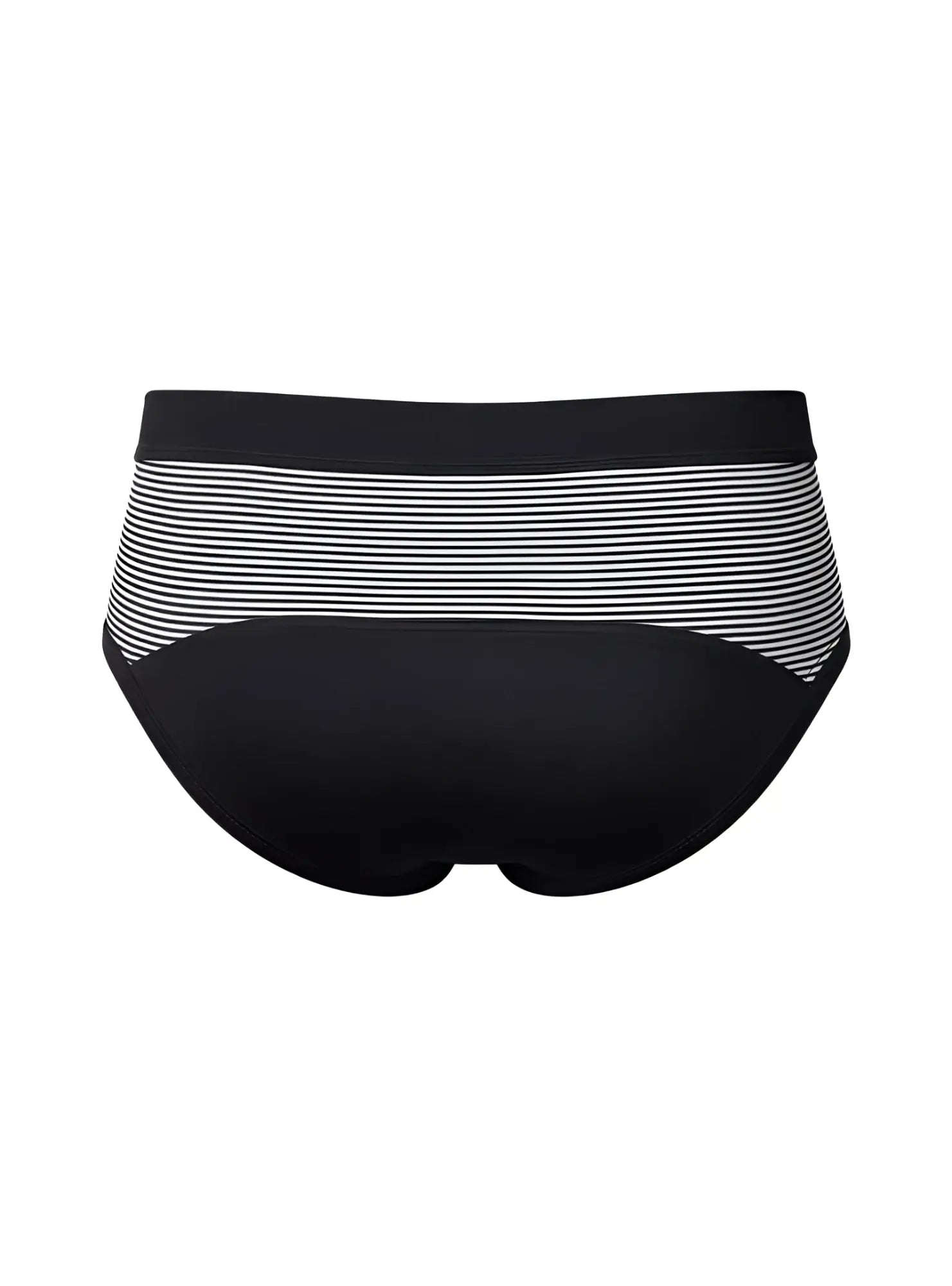 Black and white striped cotton bikini brief with solid black waistband front view tartarus striped cotton brief