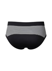 Black and white striped cotton bikini brief with solid black waistband front view tartarus striped cotton brief