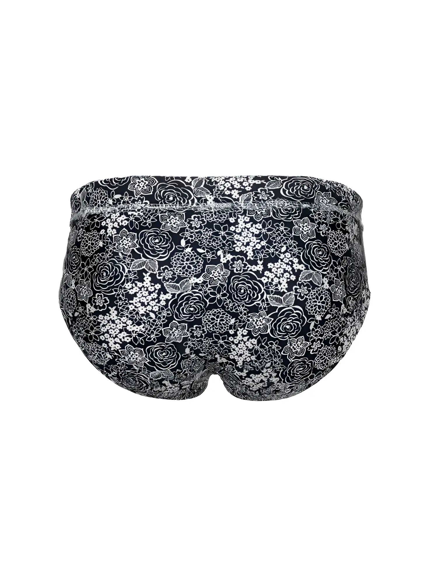 Black tartarus swim brief with delicate white and gray rose floral pattern designed for swimming and beachwear