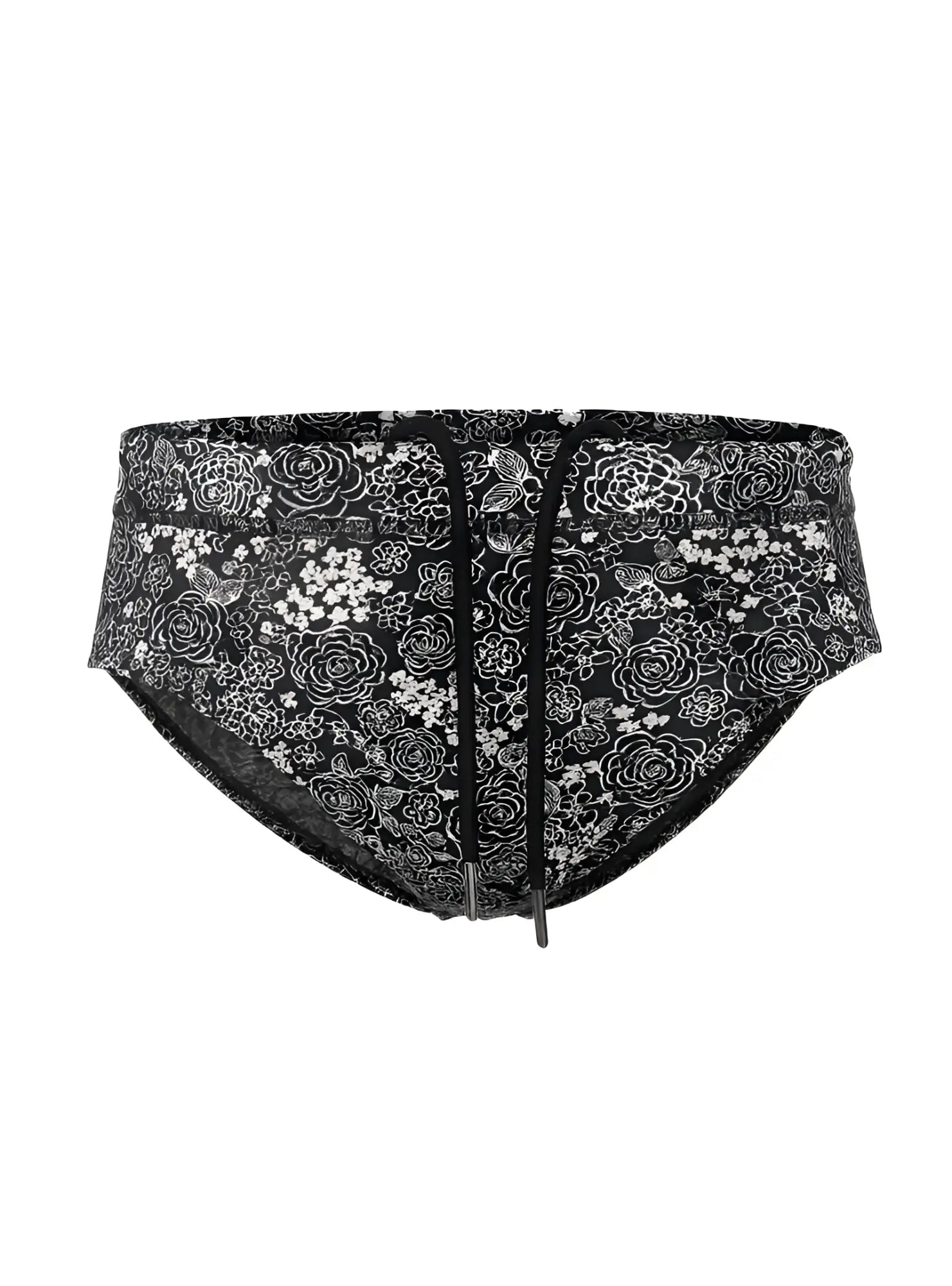 Black tartarus swim brief with white floral bird pattern and drawstring waistband for swimming and beachwear