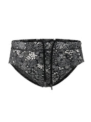 Black tartarus swim brief with white floral bird pattern and drawstring waistband for swimming and beachwear