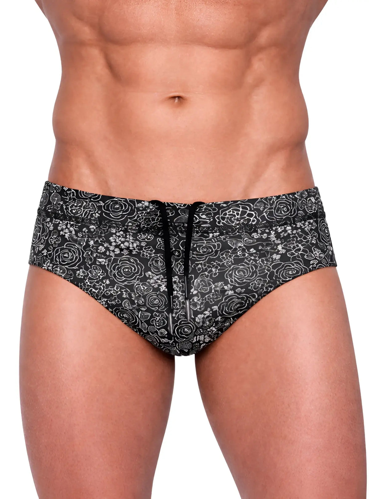 Black tartarus swim brief with white floral pattern and black drawstring designed for swimming and beachwear