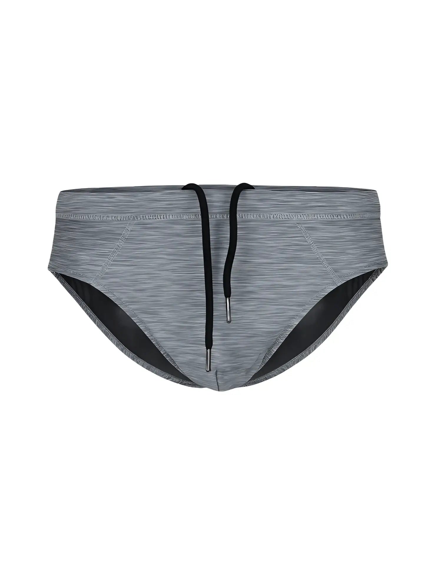 Gray heathered tartarus swim brief with black drawstrings and contrasting black inner lining for swimming use