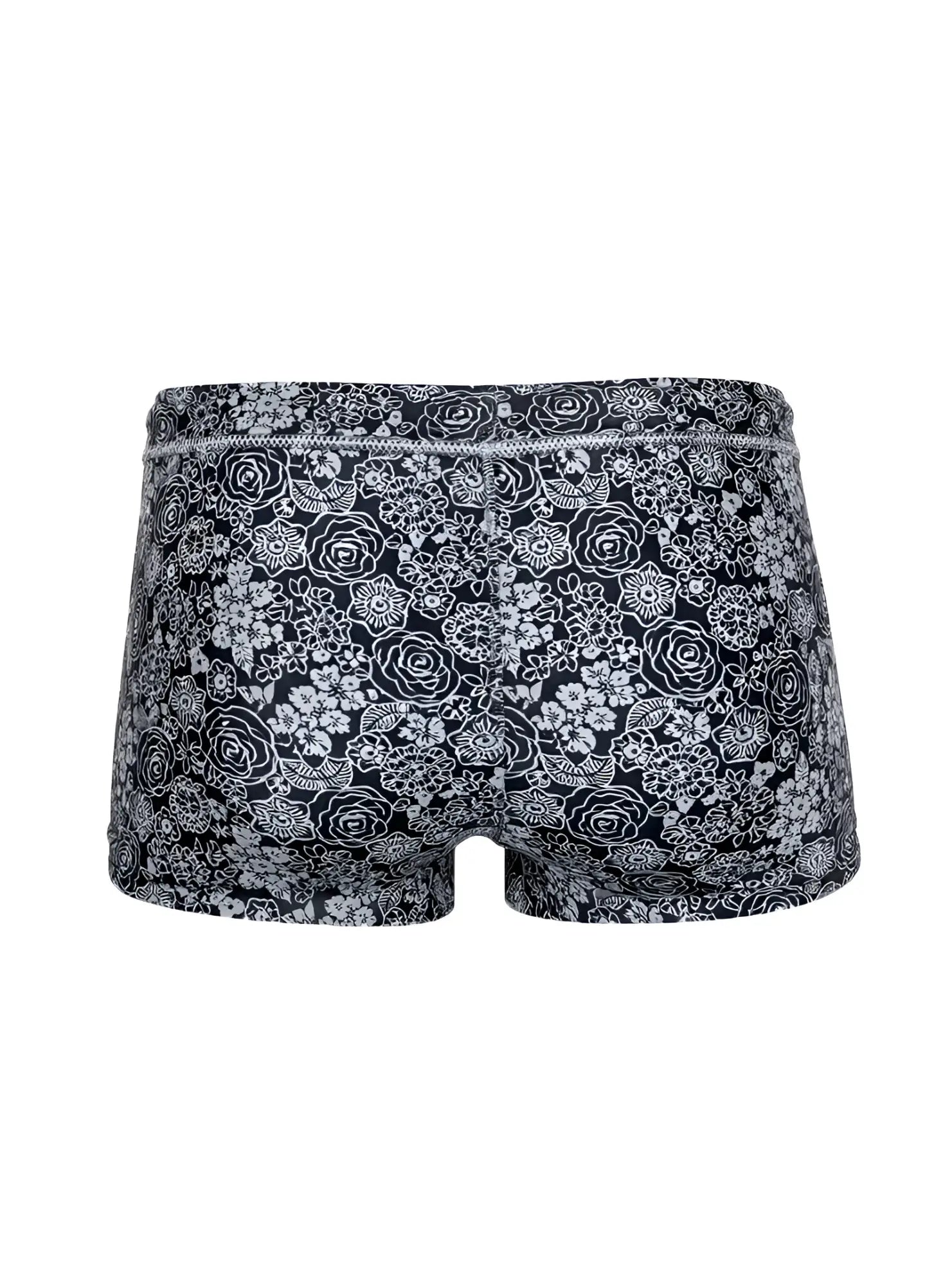 Black tartarus swim trunk briefs with intricate white floral pattern on fabric for stylish swimwear use