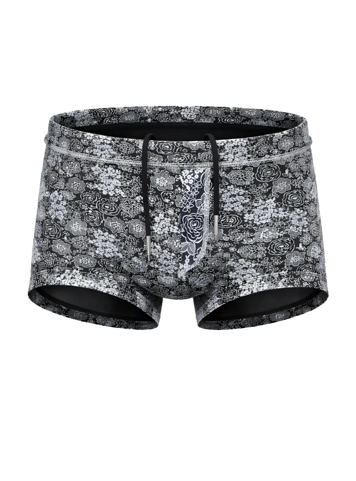 Black and white floral patterned tartarus swim trunk with drawstring waistband for comfortable beachwear