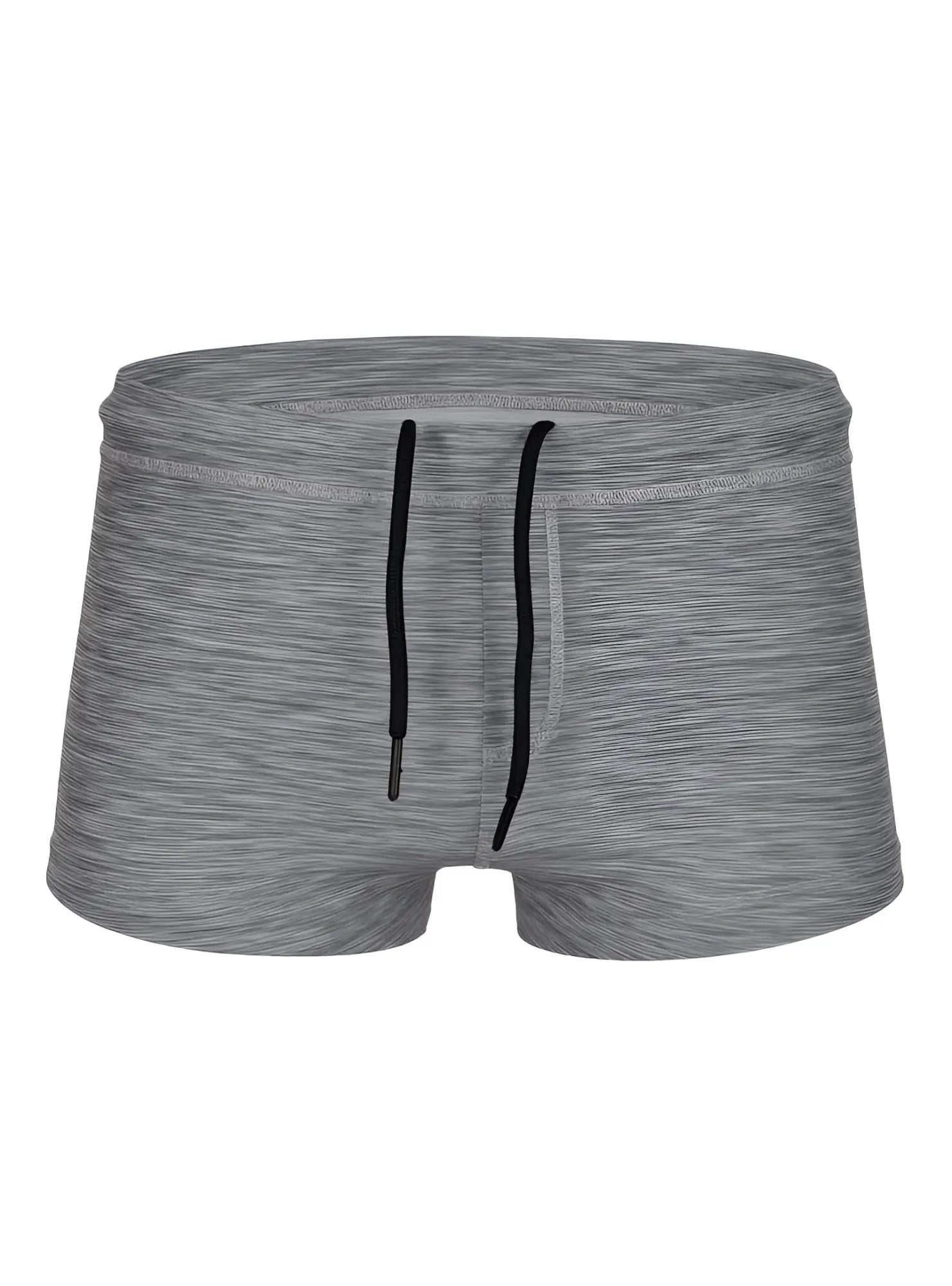 Gray heathered tartarus swim trunks with black drawstrings designed for comfortable beachwear