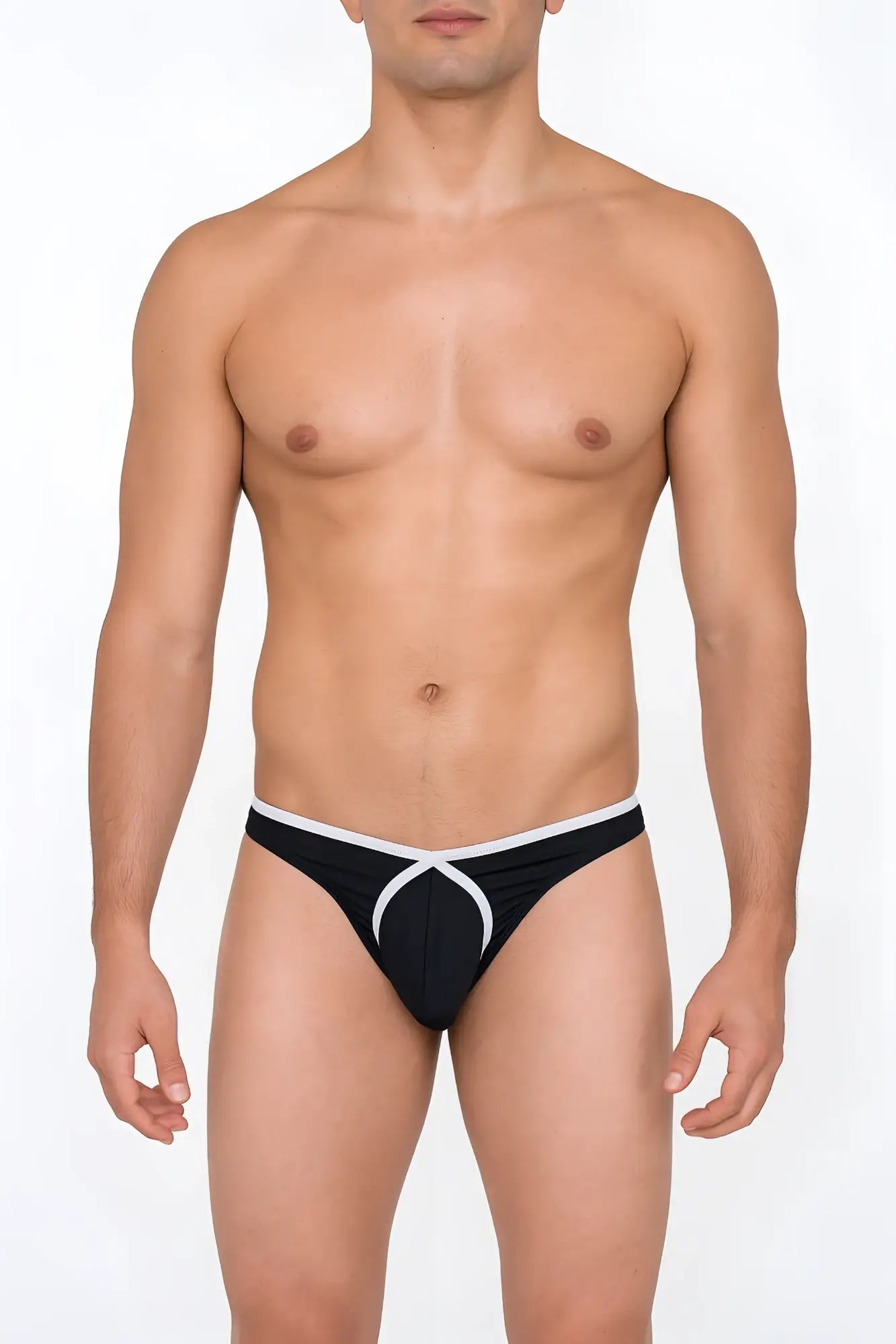 Black and white tartarus tear drop thong with distinctive curved front design for stylish lingerie wear