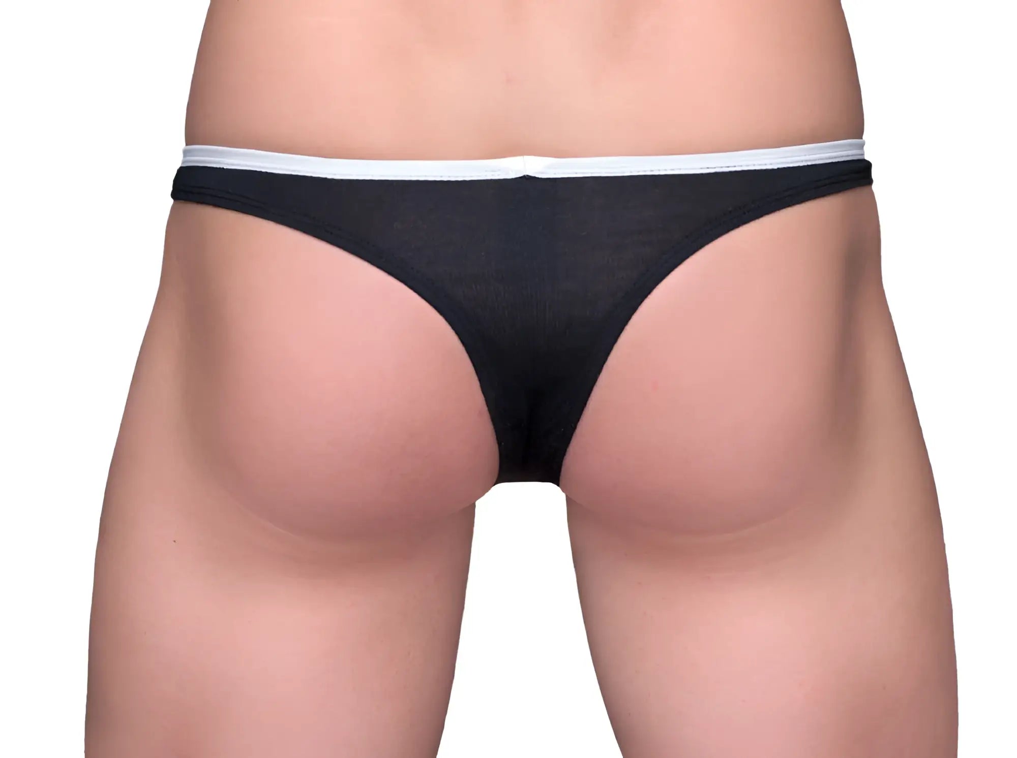 Black tartarus tear drop thong with a white elastic waistband showing the back side of the fabric underwear