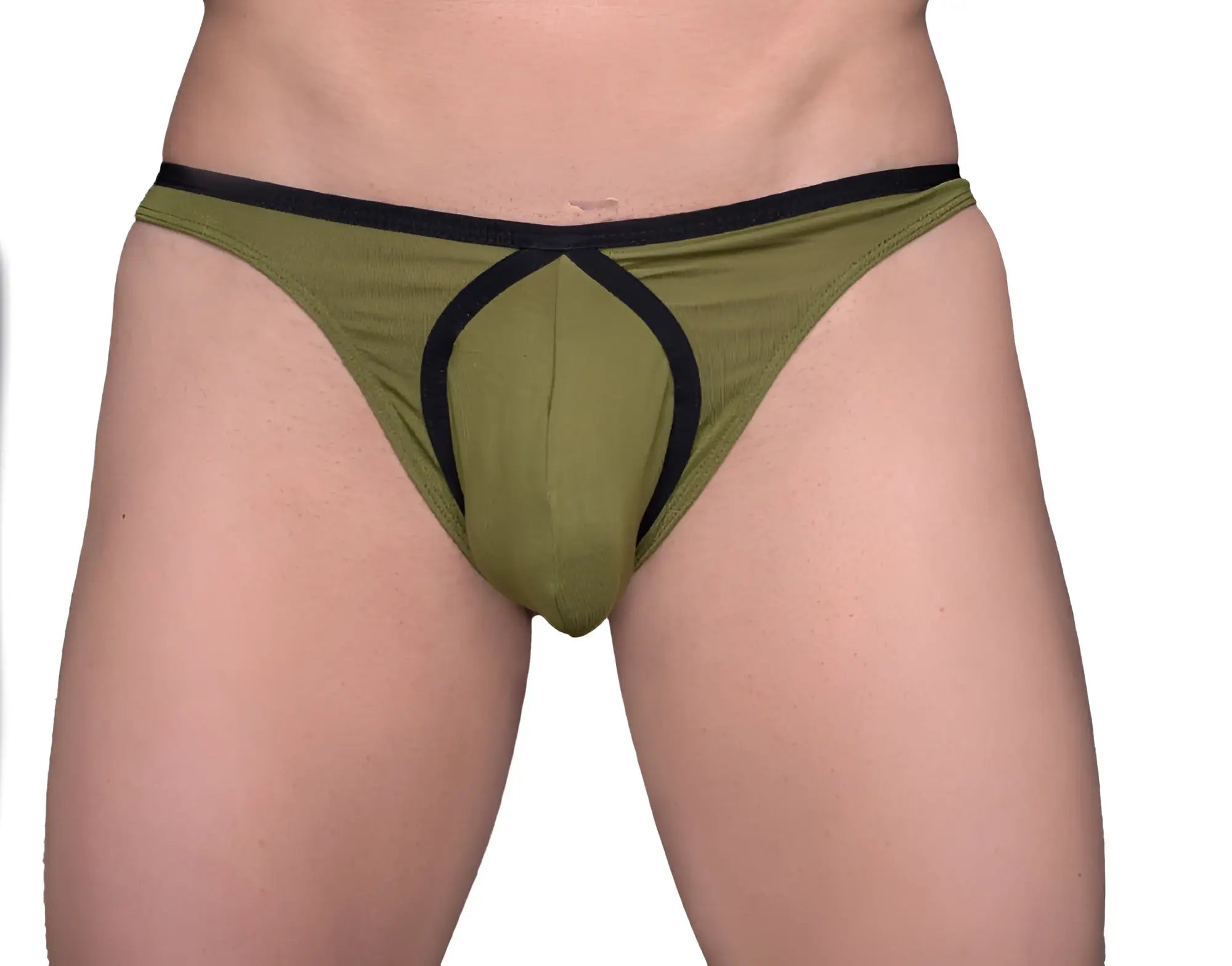 Tartarus tear drop thong olive green athletic briefs with black trim and supportive contoured design front view