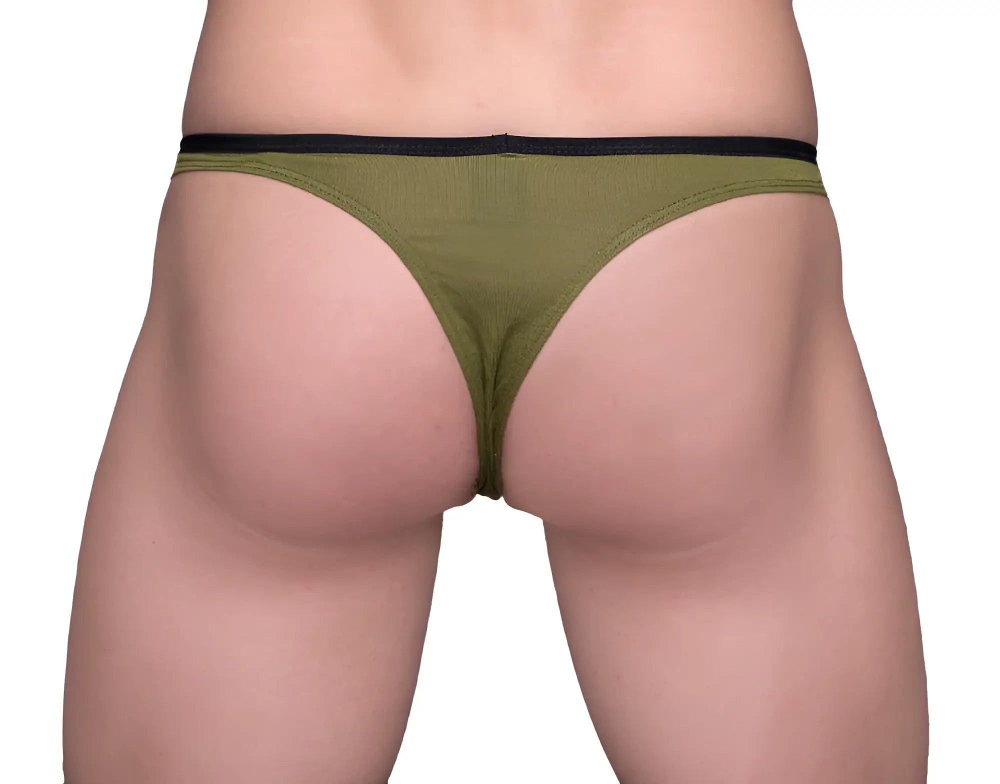 Olive green tartarus tear drop thong with black elastic waistband showing front side for comfortable wear