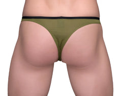 Olive green tartarus tear drop thong with black elastic waistband showing front side for comfortable wear