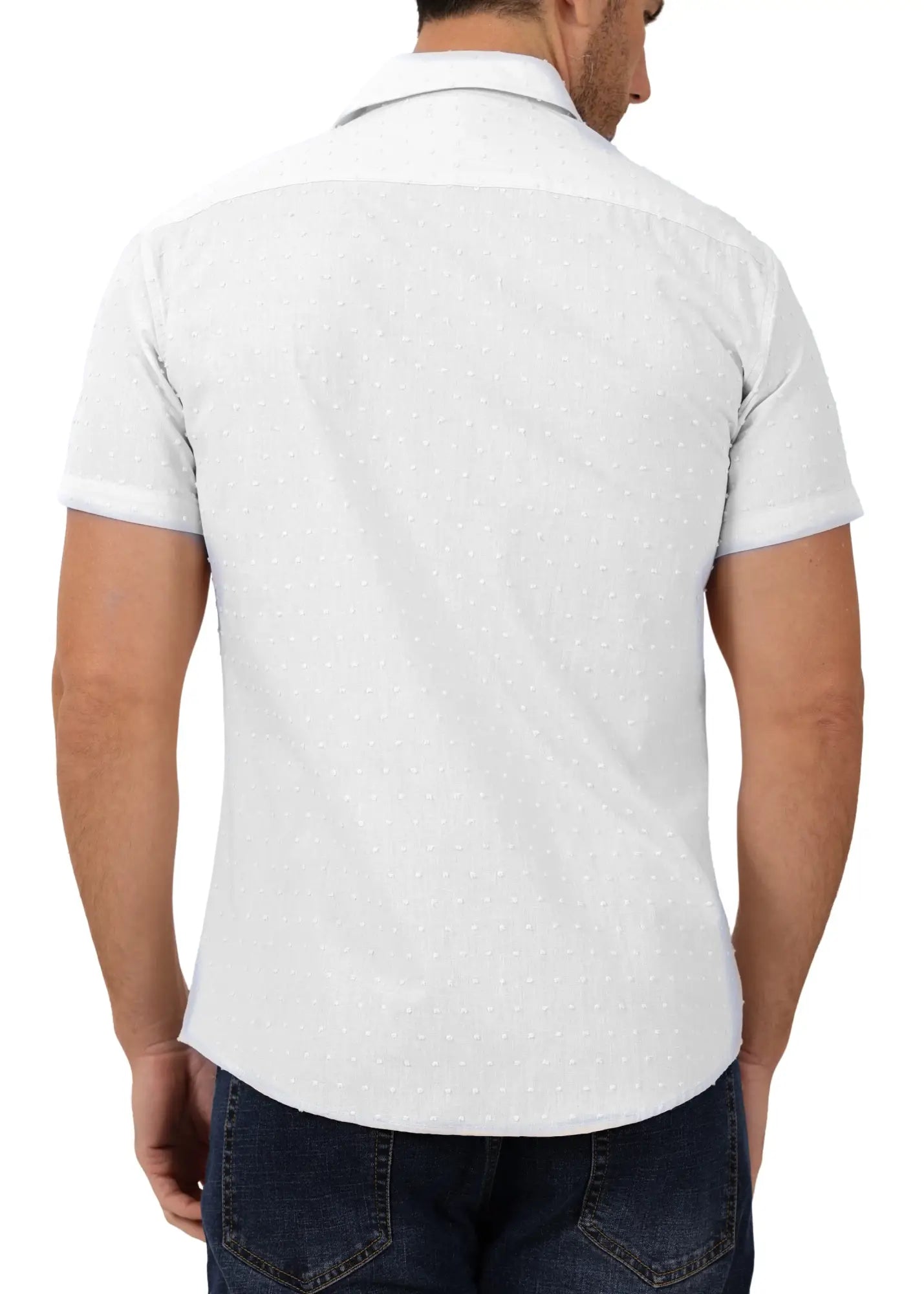 White short-sleeved button-down shirt with subtle dotted texture perfect for casual and smart casual wear
