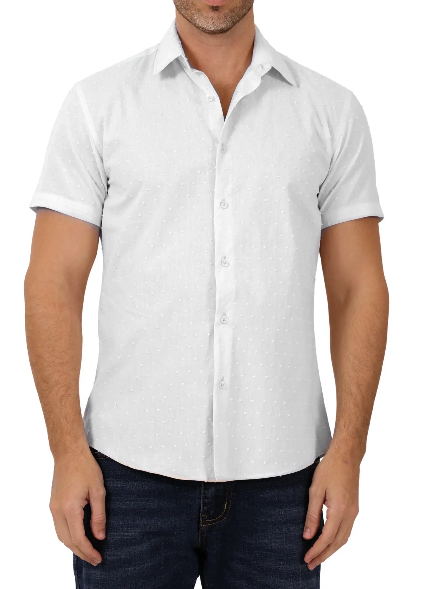 White short-sleeved button-up shirt with subtle dot pattern featuring texture dots design for casual wear