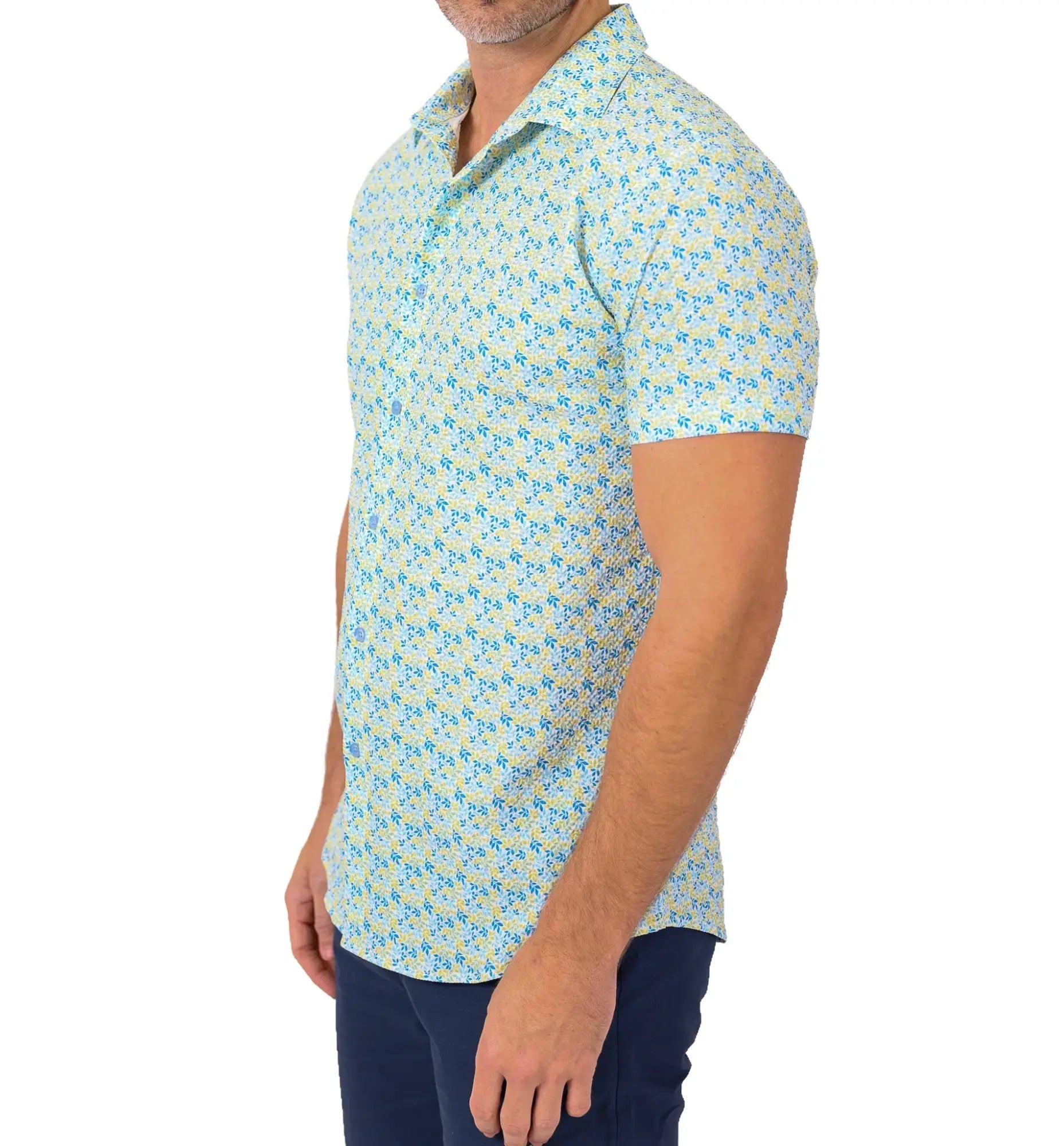 A light blue and pale yellow floral-patterned short-sleeve button-up shirt called texture mini floral s s shirt
