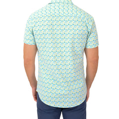 A light blue and pale yellow short-sleeved button-up shirt with a subtle repeating floral pattern texture mini floral s s shirt