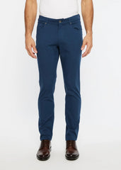 Navy blue slim-fit textured 5 pocket stretch woven jeans with classic five-pocket design and button closure