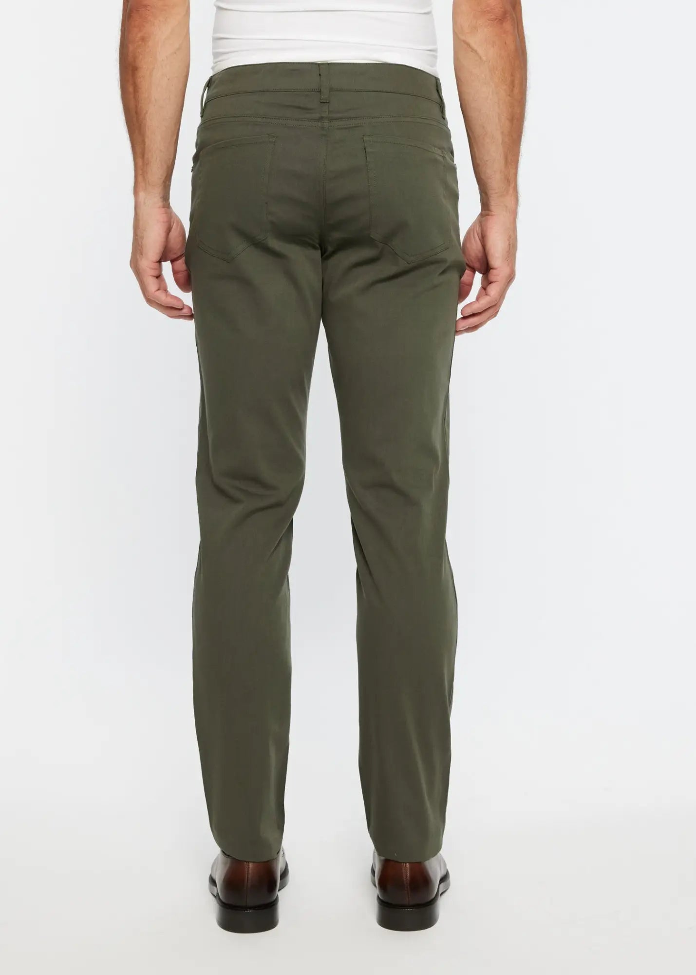 Olive green slim fit textured 5 pocket stretch woven chino pants with subtle stitching details