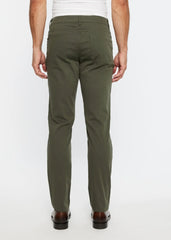 Olive green slim fit textured 5 pocket stretch woven chino pants with subtle stitching details