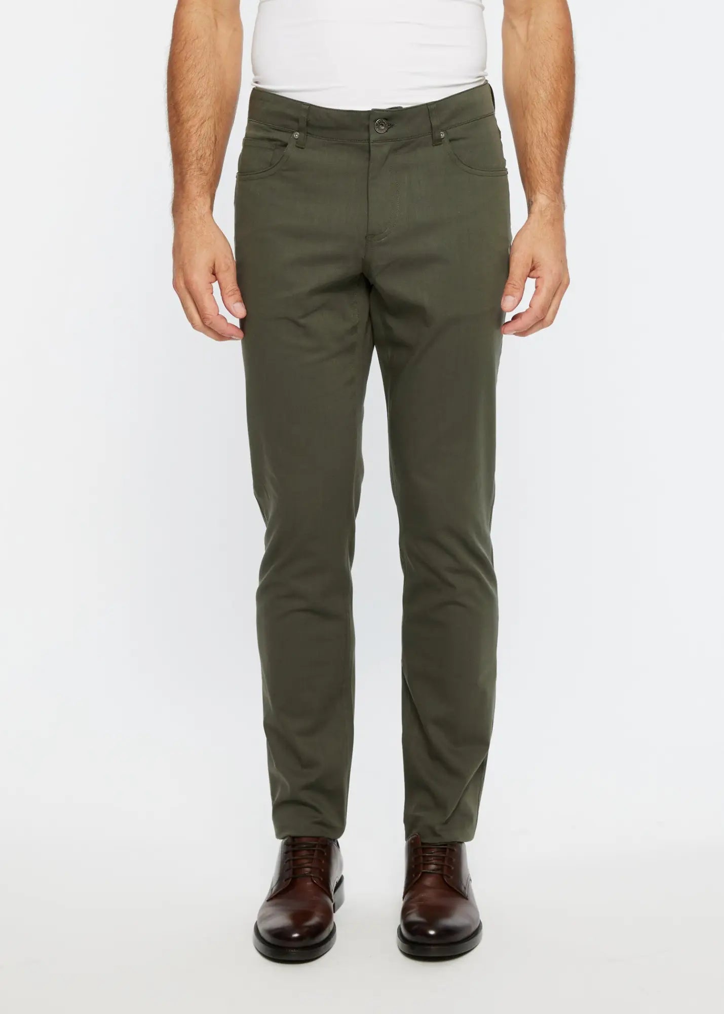 Olive green slim-fit chino pants with textured stretch woven fabric and five-pocket design for versatile wear