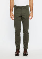 Olive green slim-fit chino pants with textured stretch woven fabric and five-pocket design for versatile wear