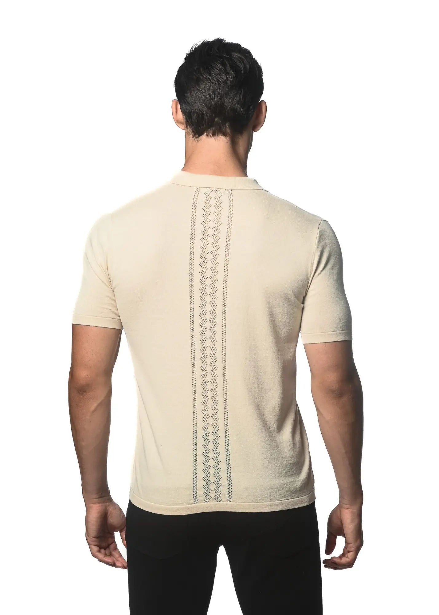 Beige short-sleeved cotton knit polo shirt back with vertical geometric pattern textured button front design