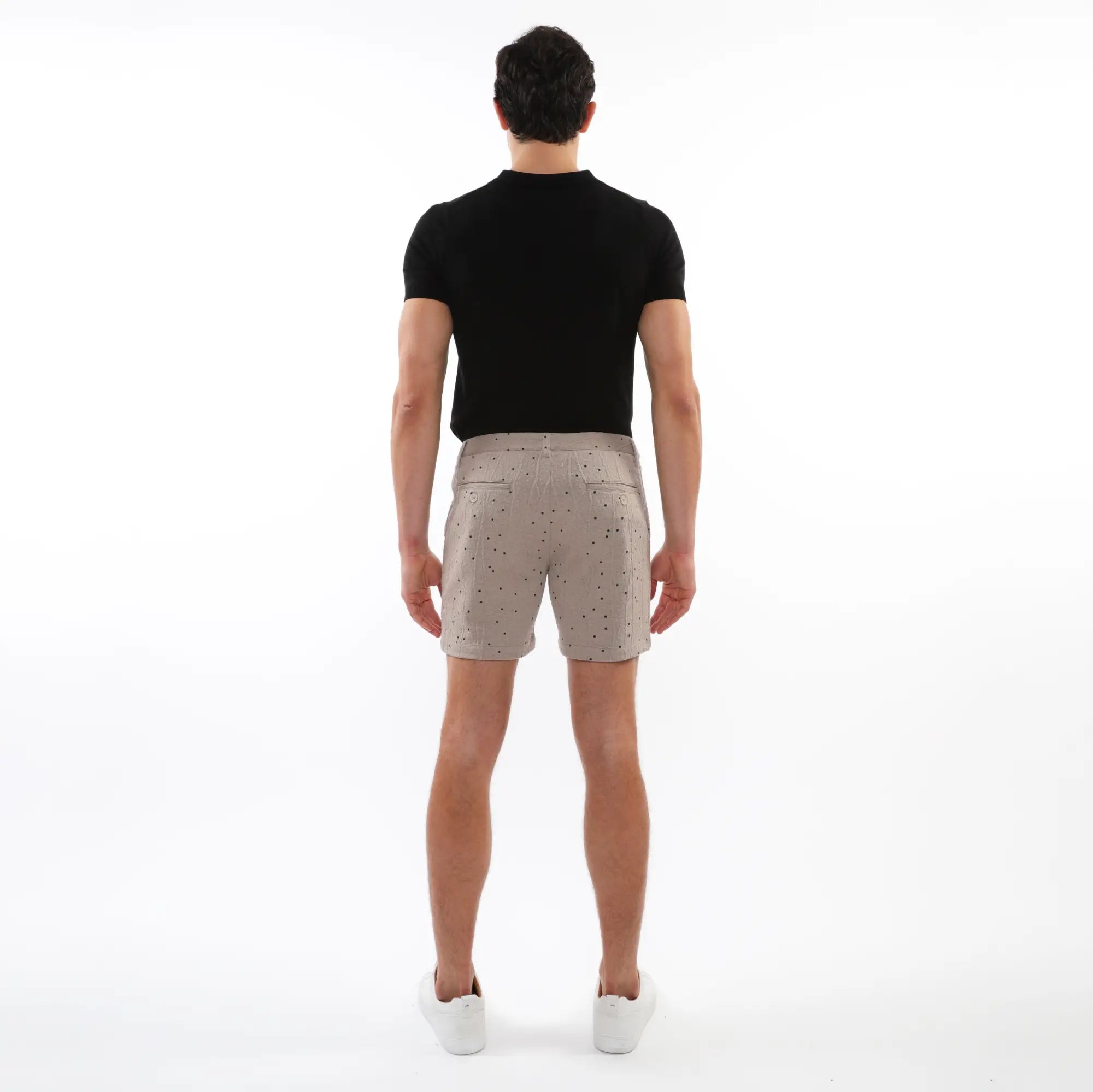 Beige textured jacquard stretch chino shorts with subtle black dot pattern classic tailored fit and two front pockets