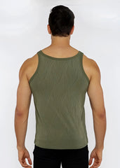 Olive green ribbed tank top with subtle wavy texture made from textured knit fabric for casual wear