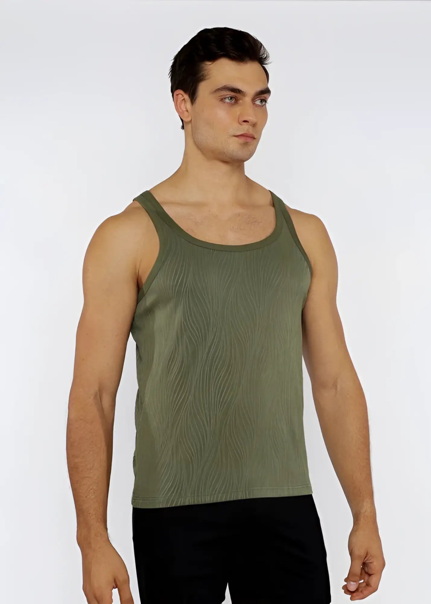Olive green ribbed tank top with subtle wavy textured knit fabric in a sleeveless design for casual wear
