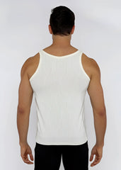 White ribbed textured knit tank top showing front view with sleeveless design and fitted silhouette