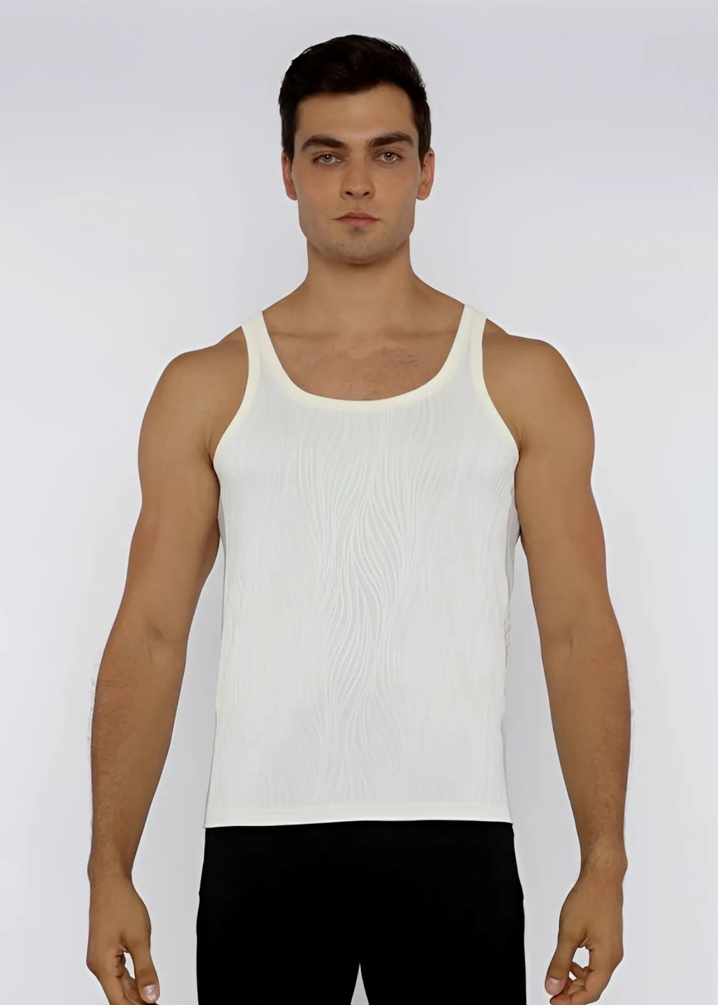 White ribbed cotton textured knit tank top with classic scoop neckline and thin shoulder straps front view