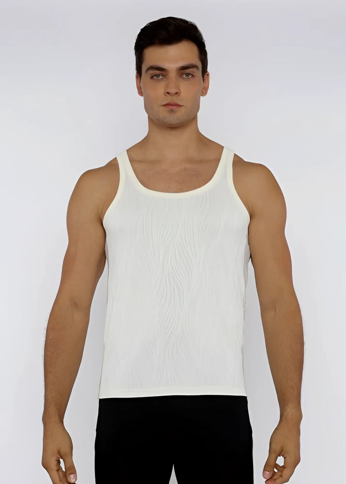 White ribbed cotton textured knit tank top with classic scoop neckline and thin shoulder straps front view