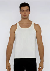 White ribbed cotton textured knit tank top with classic scoop neckline and thin shoulder straps front view