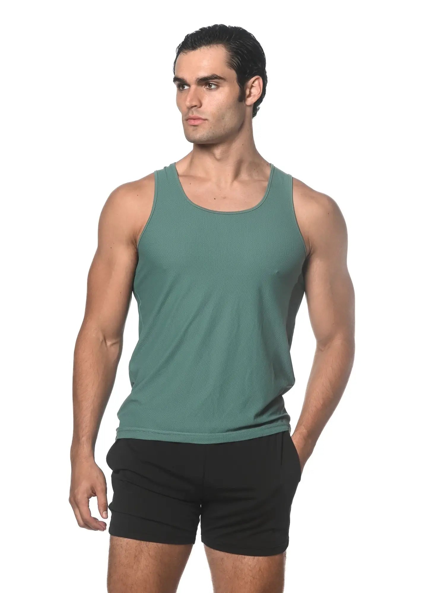 A sleek solid teal textured mesh performance tank with sleeveless design and rounded neckline for activewear
