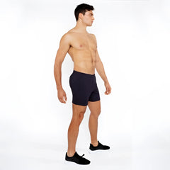 Black textured mesh stretch performance shorts with sleek form-fitting design ideal for athletic use