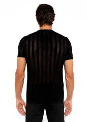 Black textured open knit crew tee with vertical ribbed texture short sleeves knit fabric