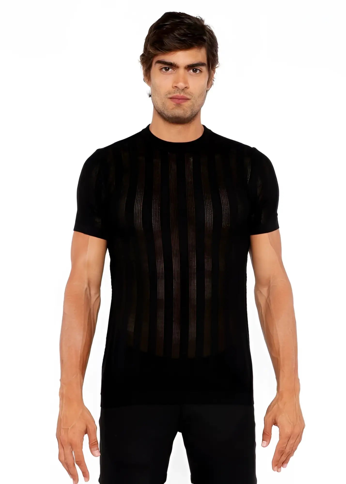 Black short-sleeved knit crew tee with vertical ribbed texture across the front for a textured open knit look