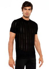 Black textured open knit crew tee with vertical ribbed knit texture and short sleeves across the chest