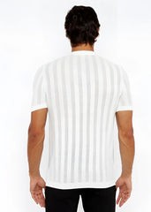 White short-sleeved textured open knit crew tee with subtle gray vertical stripes made from lightweight knit fabric
